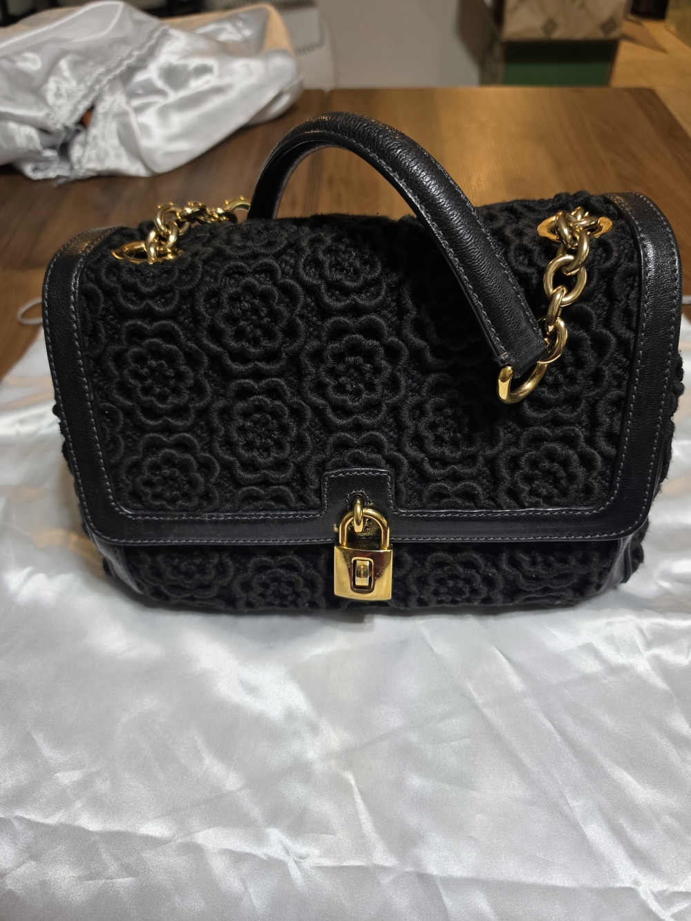 Dolce &Gabbana Black Floral Quilted Shoulder Bag - Chain Handle Leopard Interior